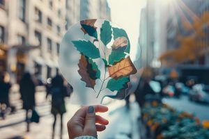 Cambio climático y empresas. Imagen de una silueta de una cara con hojas del bosque sobre un fondo difuminado de una ciudad.