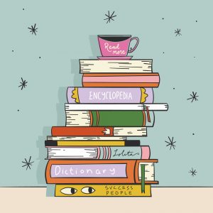 Crear un libro con ia. Ilustración de unos libros apilados, representando la creación literaria asistida por inteligencia artificial.