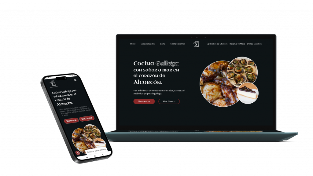 Mockup de la web de Mesón Gallego A'Lareira en ordenador y móvil