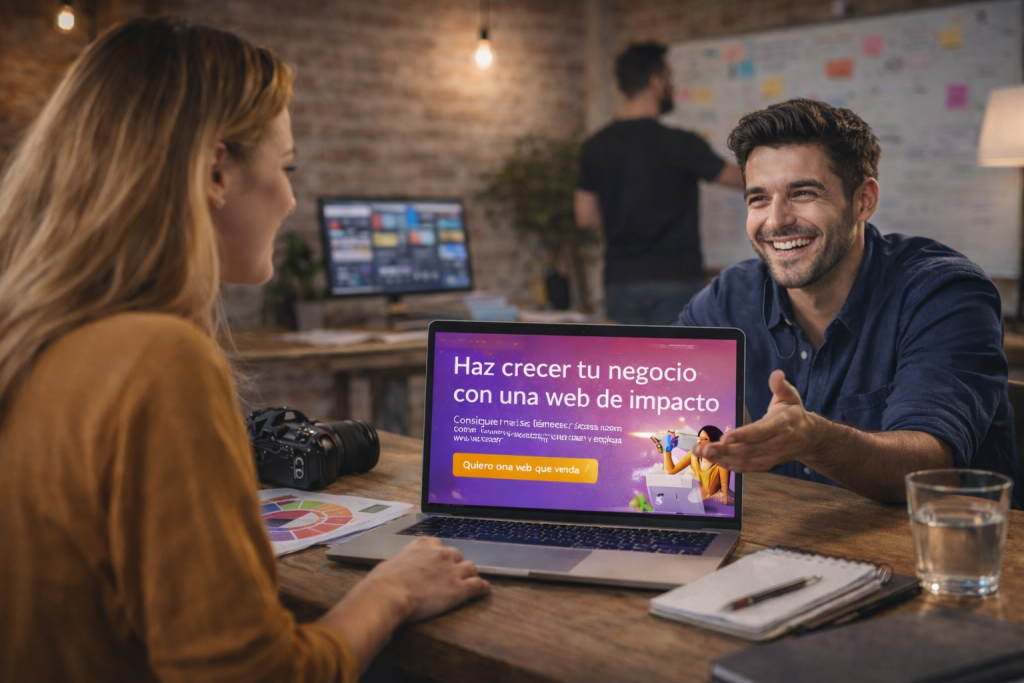 Diseño web madrid. Un chico le enseña a una chica rubia la web que ha hecho en la oficina.